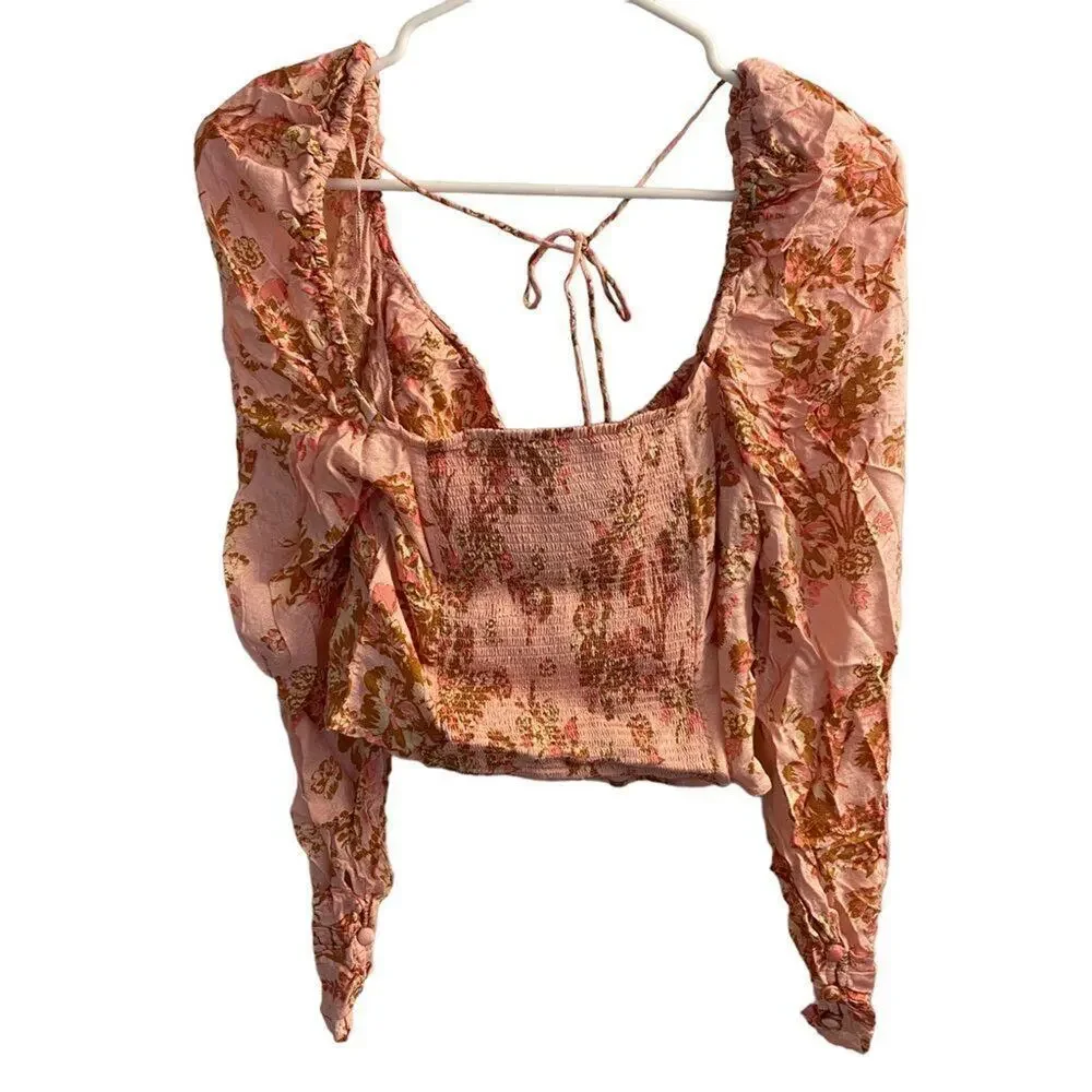 Free People Top NWT‎ Women's S Pink Floral Duo Long Sleeve Crop Smocked Romantic